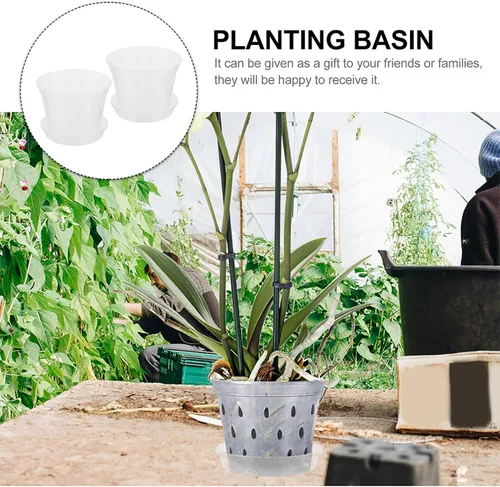 Vista 3 de Plastic Orchid Nursery Pots with Saucers and Base Tray 2 Sets Breathable Drainage Cups, Bottom Holes and Root Visibility, for Balconies and