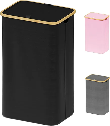 Vista 9 de SUOCO Cesta de lavandería con ruedas 100L, canasta de ropa con tapa y asas de bambú, cesta plegable para la ropa sucia para dormitorio, baño, Negro