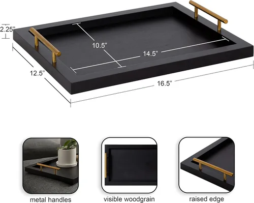 Vista 2 de Kate and Laurel Halsey Bandeja rectangular de madera decorativa con asas de metal pulido; 17 x 13; negro y dorado; moderna bandeja rectangular
