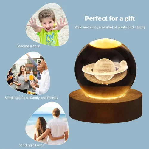 Vista 9 de Luz nocturna LED de bola de cristal, sistema de la Vía Láctea, lámpara de noche de cristal grabada en 3D con base de madera, carga USB