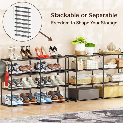 Vista 3 de SUFAUY Organizador grande para zapatos, 2 filas y 8 niveles, 32-40 pares con ganchos, metal resistente, apilable y ajustable, color negro