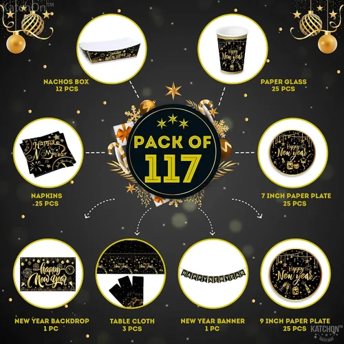 Vista 2 de KatchOn, Juego enorme de decoraciones de mesa de Año Nuevo, paquete de 117 Suministros de fiesta de Feliz Año Nuevo 2026 Cartel de Feliz Año