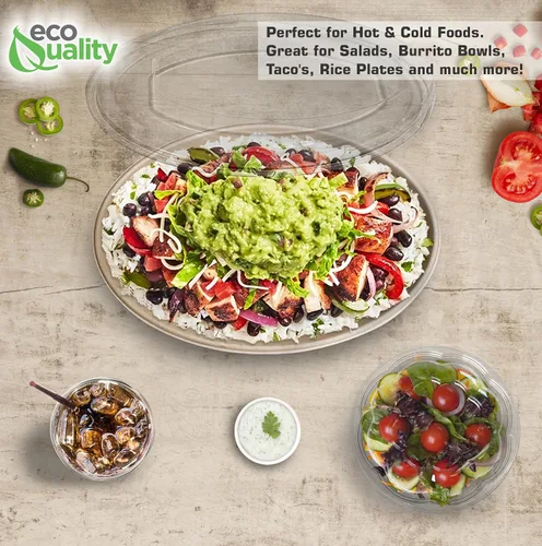 Vista 6 de Cuencos de burrito ovalados desechables de fibra compostable de 32 onzas con tapas de cúpula, resistentes, ecológicos, bagazo natural sin blanquear