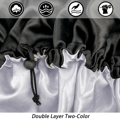 Vista 2 de Gorro de seda de satén para cabello rizado, gorro trenzado para dormir, para mujer, grande, doble capa ajustable (2 unidades, negro) Double Layer