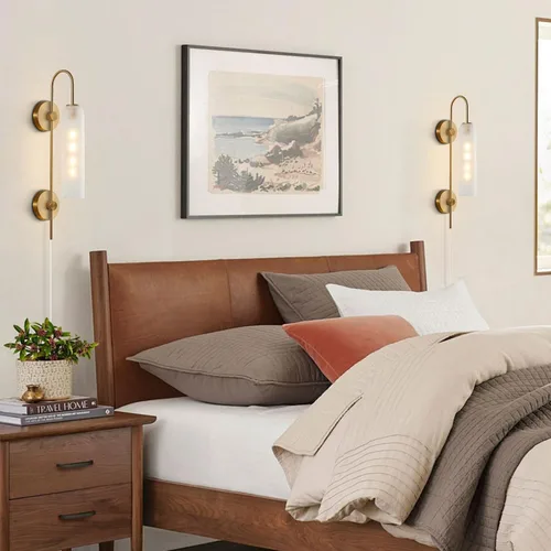 Vista 8 de BOKT Apliques de pared modernos de mediados de siglo con enchufe para interiores, largos, oro cepillado, vidrio blanco leche, apliques