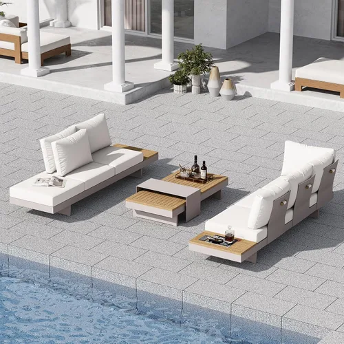 Vista 8 de Homary Set of 6 Aluminium Teak Outdoor L-Shaped Sectional Sofa with Adjustable Backrests, Waterproof and Fade Resistant Cushions