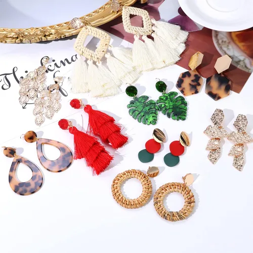 Vista 6 de Jstyle Juego de 9 pares de aretes de clip para mujer, diseño bohemio, resina de ratán acrílico, borla de gota, aretes de clip geométricos, ligeros