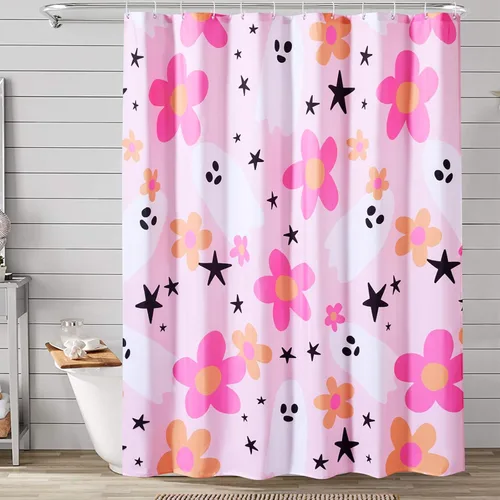 Vista 9 de Juego de cortina de ducha de baño con fantasmas florales con ganchos, cortinas de ducha de tela resistente de 180 GSM, 72 x 72 pulgadas, bonita