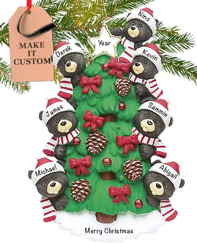 Vista 13 de Adorno personalizado de familia de 3 2025 Personalización gratuita las 24 horas Adornos de Navidad de oso negro para árbol Recuerdo