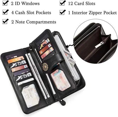 Vista 5 de BROMEN Billeteras de cuero para mujer cartera grande de mano para teléfono 2-negro Vintage