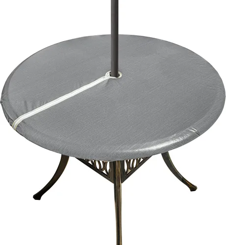Vista 9 de Mantel redondo de vinilo con agujero para paraguas y cremallera, mantel ajustable 100% impermeable, fácil de limpiar, cubierta de mesa de PVC