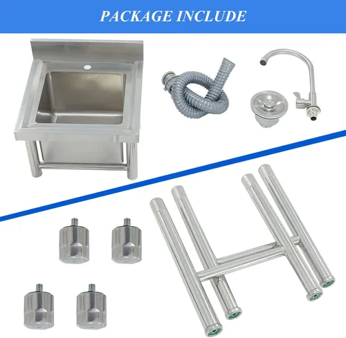 Vista 5 de Fregadero de cocina comercial de acero inoxidable con 1 compartimento con grifo y salpicaduras traseras, fregadero de un solo tazón