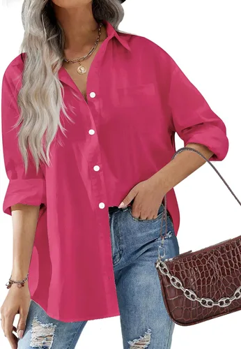 Vista 11 de HOTOUCH Camisas de gran tamaño con botones para mujer, blusa de hombro caída para oficina, de manga larga, estilo novio, camisa de vestir