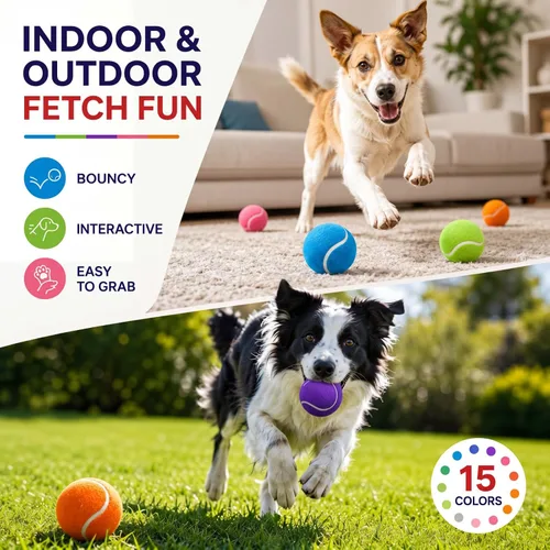 Vista 4 de Yunsailing 15 pelotas de tenis para perros de 2.4 pulgadas, bolas de juguete de colores brillantes, juguete de entrenamiento para mascotas