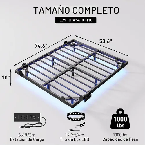 Vista 2 de qimamo Marco de Cama Flotante Full de 10 Pulgadas con Luces LED Inteligentes y Estación de Carga, Marco de Cama Full de Metal Moderno, Fácil