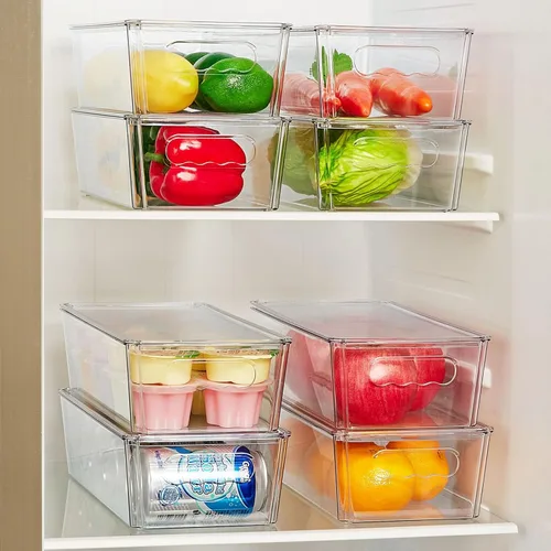 Vista 5 de Refrigerador Oragnizer con tapa, recipientes de plástico transparente apilables, contenedor de almacenamiento de alimentos reutilizable, sin BPA