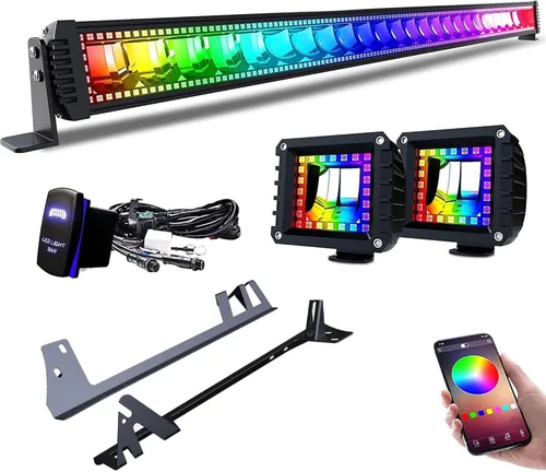 Vista 10 de Barra de luz LED RGBW de 52 pulgadas, 300W, combo de inundación y foco, 2 módulos LED RGB de inundación de 4 pulgadas con 16 colores sólidos, anillo