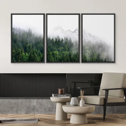 Vista 592 de SIGNWIN Lienzo enmarcado para pared, juego de arte pastel con cadena montañosa, bosque, niebla, naturaleza silvestre, ilustraciones modernas, arte