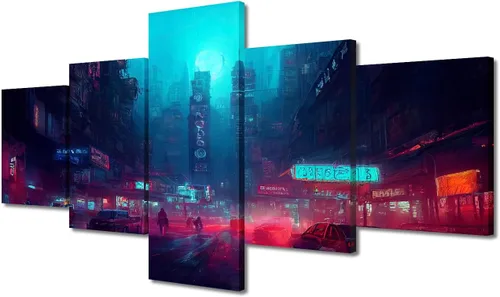 Vista 365 de Cuadros de 5 paneles de Cyberpunk City, arte de pared, representación de vallas publicitarias, edificios modernos en la capital con obras de arte