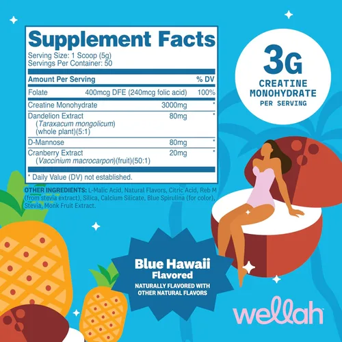 Vista 2 de Wellah Creatina para mujer (50 porciones) Blue Hawaii - 0.11 onzas de monohidrato de creatina en polvo con diente de león y extracto de arándano