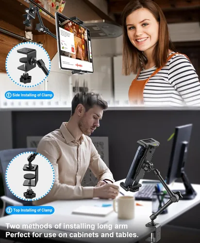 Vista 2 de Soporte para tableta de cocina de escritorio, cajas de costura, brazo de metal ajustable, soporte de montaje para tableta para iPad Pro 12.9 Air