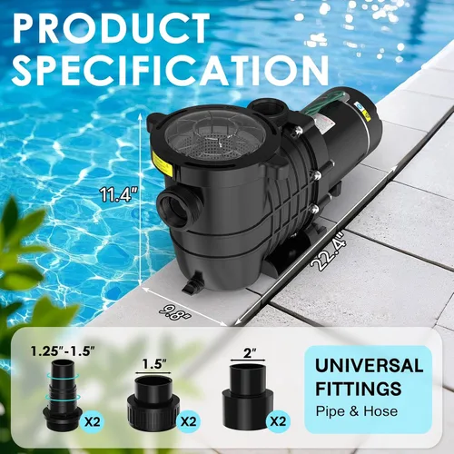 Vista 5 de Seeutek Bomba de piscina 2HP para piscinas sobre el suelo, 115V/230V negro (Stain Black)