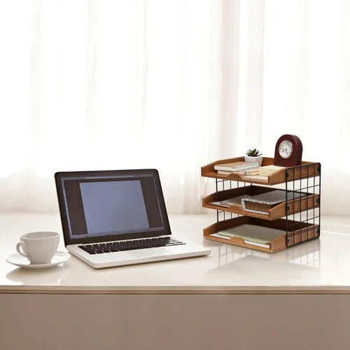 Vista 4 de Elegant Designs HG1022-NWD - Organizador de escritorio de madera para oficina en casa, bandeja para cartas de correo con 3 estantes, madera natural
