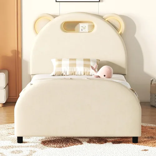 Vista 3 de Cama de plataforma tapizada de tamaño individual con cabecero en forma de oso y rayas de luz incrustadas, bonito marco de cama de plataforma