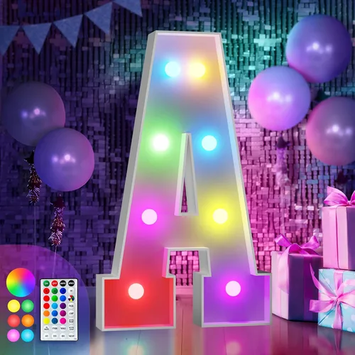 Vista 34 de Imprsv Letras coloridas de marquesina de 3 pies y letras grandes iluminadas RGB con control remoto, decoraciones de fiesta de cumpleaños Carta
