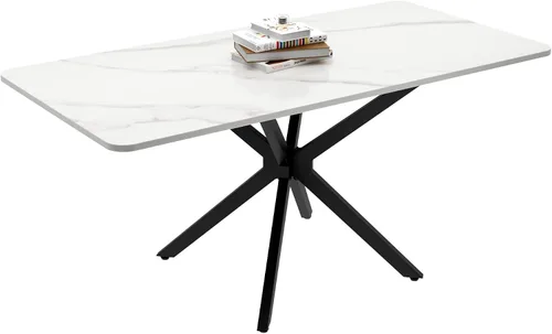 Vista 5 de GOLDFAN Mesa de centro rectangular de mármol blanco, moderna, de 40 pulgadas, con patas de metal negro, elegante mesa central para sala de estar