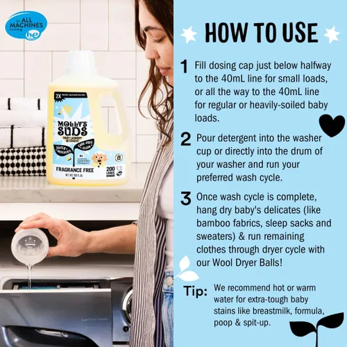 Vista 4 de Detergente líquido Molly's Suds para ropa de bebé Elimina leche de fórmula, caca y manchas de escupir Extra suave para bebés, niños pequeños