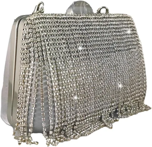 Vista 4 de Boutique De FGG Bolso de mano de cristal con borla, elegante bolso de noche para novias, bolsos de diamantes de imitación de fiesta de boda