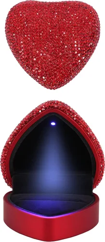 Vista 2 de Naimo Caja de anillo con forma de corazón de diamantes de imitación con aretes de terciopelo con luz LED, caja de regalo para propuesta, compromiso
