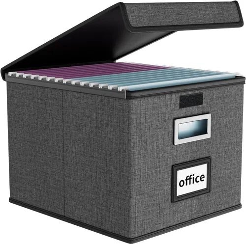 Vista 43 de Caja organizadora de archivos Huolewa con tapa, caja organizadora de carpetas de archivos colgantes de cuero sintético plegable con deslizadores