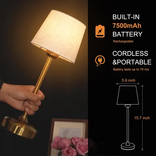 Vista 2 de YAYZA! Lámpara de mesa inalámbrica de altura ajustable, pantalla de tela, 7500 mAh, recargable, LED, inalámbrico, táctil, luz nocturna, atenuación