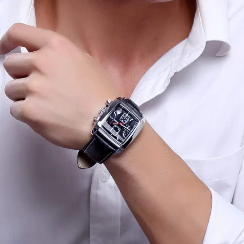 Vista 2 de MEGIR - Reloj analógico de cuarzo para hombre diseño rectangular con cronógrafo luminoso elegante correa de cuero adecuado para deporte y trabajo