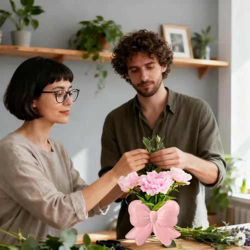 Vista 4 de Jarrón de cerámica con lazo rosa, diseño contemporáneo, decoración de lazo rosa, soporte para bolígrafo, soporte para brochas de maquillaje, regalo