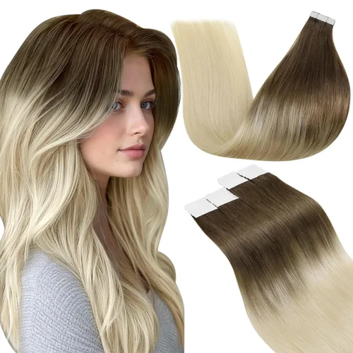 Vista 13 de LaaVoo Extensiones adhesivas de cabello humano real, color negro azabache, extensiones de cabello humano liso y sedoso, 10 pulgadas, 20