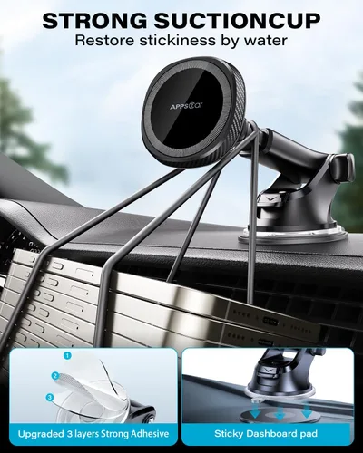 Vista 7 de APPS2Car Soporte magnético para teléfono MagSafe para iPhone, soporte magnético para salpicadero de parabrisas con brazo telescópico y ventosa