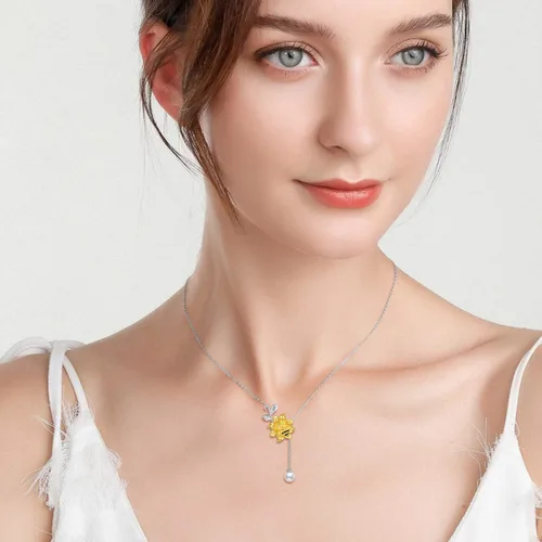Vista 2 de Yafeeso Pearl Pendant Necklace 925 Sterling Silver Single PearlBee Sunflower Pendant Necklace Dainty Jewelry Gifts for Her