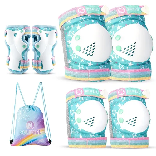 Vista 9 de Rodilleras de arcoíris y unicornio para niños, coderas, muñequeras con bolsa de cordón, juego de equipo de protección ajustable para niñas, patinaje