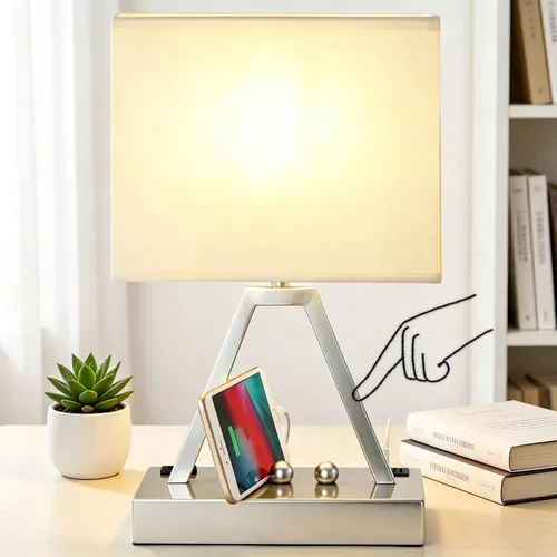 Vista 8 de Briever - Lámpara de mesa con control táctil, lámpara de escritorio regulable de 3 vías con USB C y USB A y tomacorriente AC, lámpara de noche