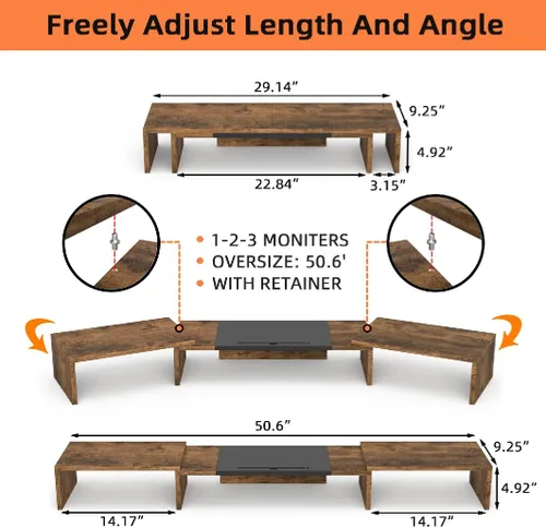 Vista 6 de WESTREE Soporte elevador triple para monitor dual, soporte de monitor extra largo para 1~2~3 monitores, soporte de monitor con longitud y ángulo