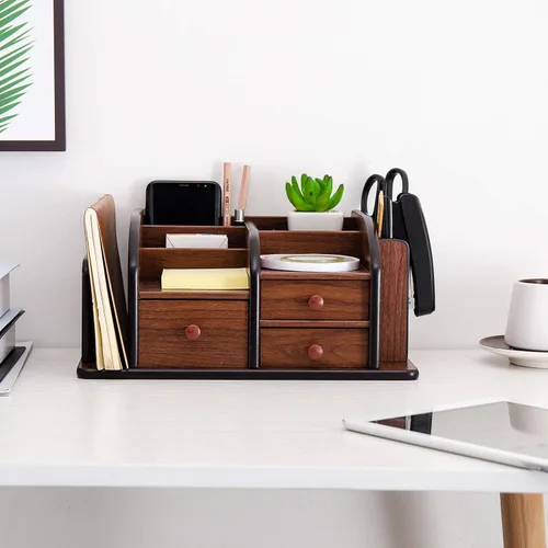 Vista 6 de Liry Products - Organizador de escritorio de madera marrón, múltiples compartimentos, 3 cajones, ranuras, 2 estantes, soporte para suministros
