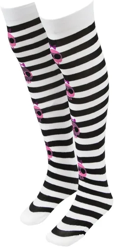Vista 3 de Mallas de calavera rosa con rayas negras para disfraz de Halloween para niños y medias de vestir