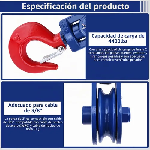 Vista 4 de Bloque de arranque de 2 toneladas con gancho Polea de bloque de arranque resistente Azul+Rojo