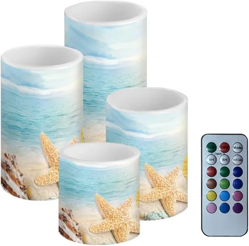 Vista 18 de Velas LED parpadeantes operadas por batería, juego de 4 con control remoto y temporizador, velas de llama danzante, velas de pilar para mesa, Playa