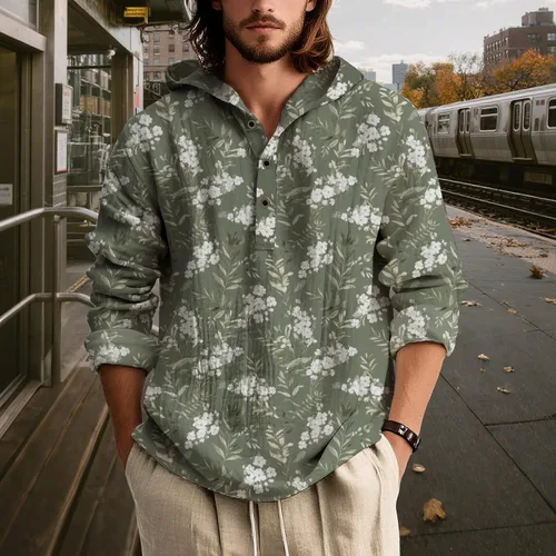 Vista 2 de Sudaderas con capucha con estampado floral retro para hombre, estilo bohemio, con botones, manga larga, sudaderas de gran