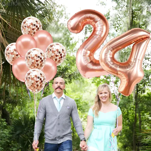 Vista 8 de KatchOn, Globos de oro rosa con el número 24, 40 pulgadas, globos de cumpleaños 24 para mujer, globos del número 24 con globos de confeti