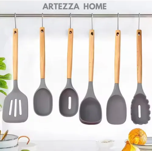 Vista 5 de Juego de utensilios de cocina de silicona de alta calidad, herramientas de cocina de 7 piezas con asas de madera de acacia y soporte de bambú, Gris